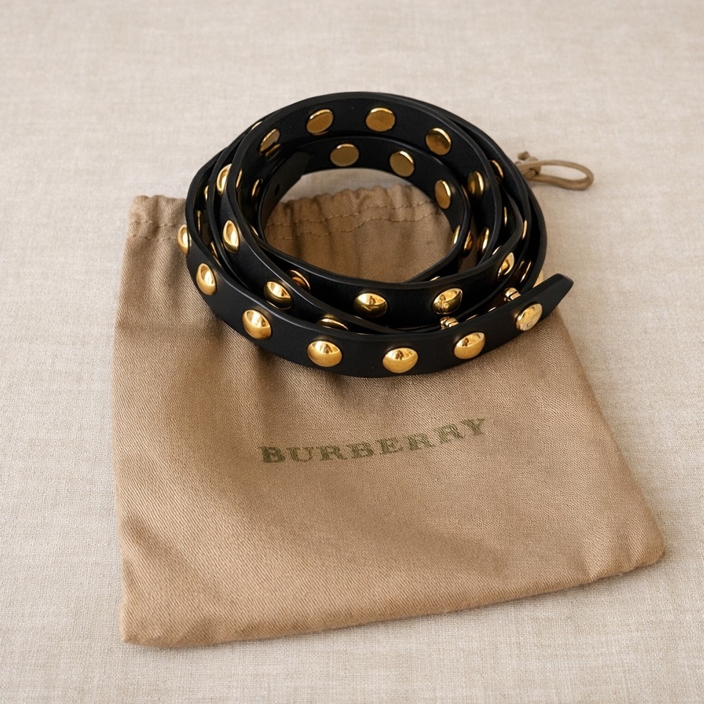BURBERRY Studded Black Leather Gold Stud Wrap Belt Long Designer Statement Belt